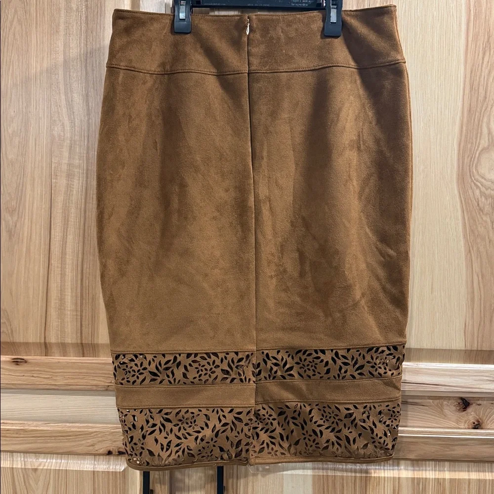 Thalia Sodi Tan Faux Suede Pencil Skirt with Stunning Unique Cutout Hem Size L